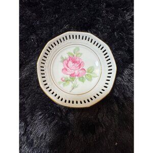 Schumann Germany Vintage Porcelain Reticulated Bowl With Pink Rose Design Gold